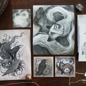 Lot de cartes et d'imprimés // Couleurs monochromes éthérées // Loup, renard, corbeau, chat noir, dragon fougère by the Dreamwood