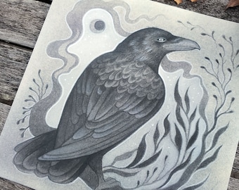 May include: A black and white illustration of a raven with a detailed, textured design. The raven is perched on a branch with leaves and a swirling background.