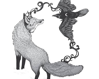 Fox & Raven Art Print | Art Nouveau Woodland Wall Decor | Giclée Nature Print | Gothic Cottagecore Home Decor | Animal Lover Gift