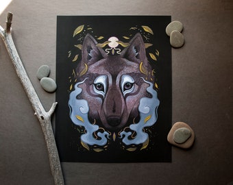 11 x 14 archival giclee hand embellished print // Red wolf spirit // Surreal animal art // Mahogany berry grey gold