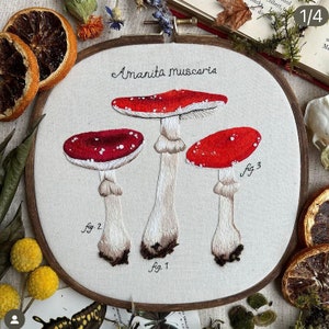 May include: Embroidered artwork of three Amanita muscaria mushrooms, with red caps and white stems, on a white fabric background. The artwork is framed in a wooden hoop. The mushrooms are labelled "fig. 1", "fig. 2", and "fig. 3".