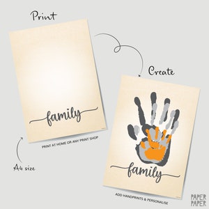 May include: A printable A4 size template for creating a family handprint art piece. The template features the word "family" in a cursive font and instructions to add handprints and personalise the design.