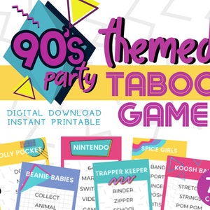 Juego de fiesta tabú de los 90 / 72 cartas Descargar imprimible instantánea / Juego de fiesta de los Millennials / Tema de fiesta de los 90 / Juegos nostálgicos / Juego de grupo