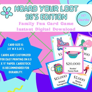 Accumula il tuo bottino: Edizione anni '90 / 117 carte Scarica gioco stampabile istantaneo / Gioco retrò / Gioco di carte di gruppo / Gioco per famiglie