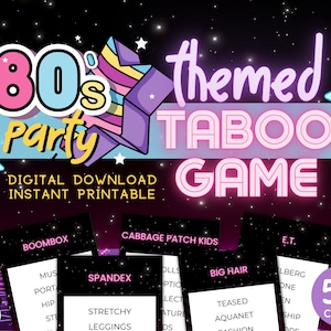 Gioco per feste tabù anni '80 / 54 carte Scarica stampabile istantaneo / Gioco per feste per adulti / Festa a tema anni '80 / Giochi nostalgici / Gioco di gruppo