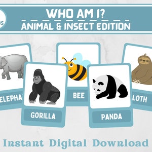 Wie ben ik? Spel | Dieren & Insecten | Afdrukbaar kinderspel | Leuke digitale download | Afdrukbare wie ben ik-kaarten | Woordspel