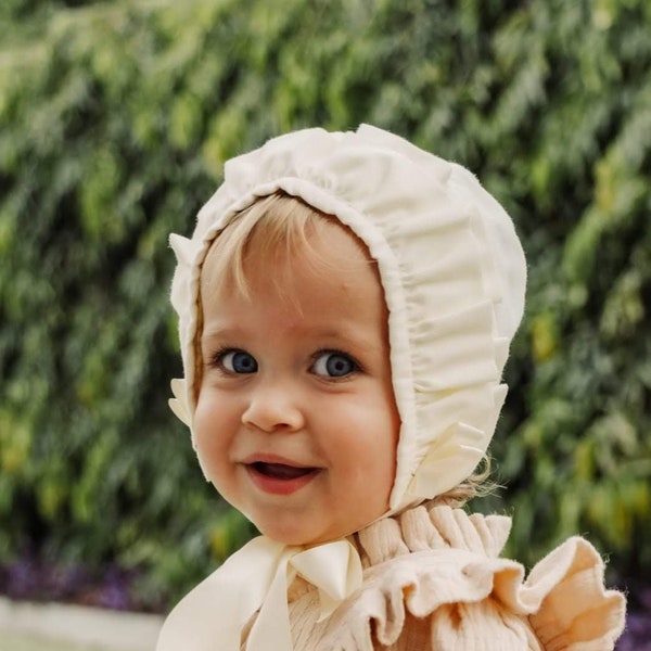 Linen Double Ruffle Baby Bonnet - any size from 3 to 36 months - made to order - Roberta style cream, red, white or custom