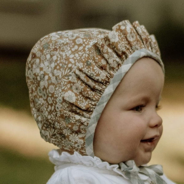 Liberty Baby Bonnet with Ruffle and Linen Binding -airman - any size 3 to 36 months - made to order - Elena Liberty floral custom airman