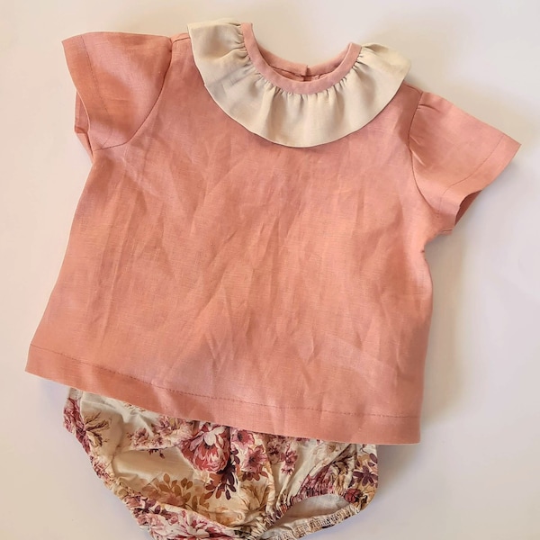 Made to Order - Linen Baby young Girl Blouse Top with Ruffle Collar and floral bloomers- Choose Linen - short long sleeve