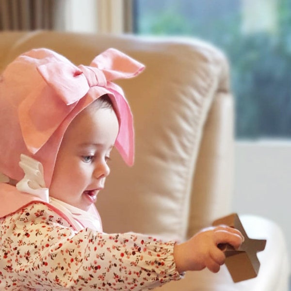 Linen Baby Bonnet with  3D Bow - any size 3 to 36 months - made to order - Roberta in black, navy, cream, white, mustard, ivory or custom