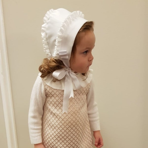 Linen Double Frill Bonnet - 3 to 36 months - made to order - Roberta w/ 2 Pleated Ribbon Frills - black, navy, cream, white or custom