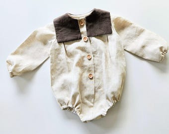 Leinen Baby Strampler und Matrosenkragen: Vintage Stil Bodysuit, 0-18 Monate
