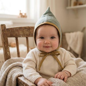 Muslin Baby Pixie Hat with Linen Binding - Handmade to Order 0-36m
