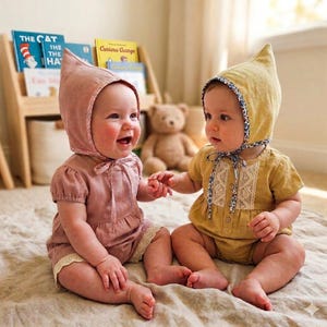 May include: Two infants wearing pointed bonnets and short-sleeved rompers. One infant wears a dusty rose romper with a matching bonnet, while the other wears a mustard yellow romper with a matching bonnet featuring a floral trim and lace detail.