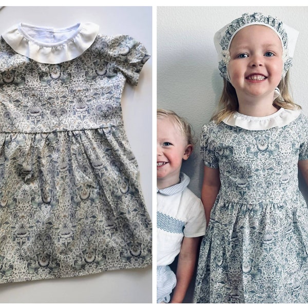 Made to Order - Liberty Baby young Girl Dress with contrast linen ruffle collar- Yoke style - Choose Liberty -  short long sleeve