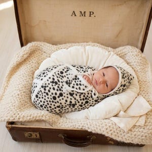 May include: A newborn baby wrapped in a white swaddle with black spots and a matching bonnet, resting inside an open vintage brown suitcase lined with a cream-coloured chunky knit blanket. The interior lid of the suitcase features the text A M P.