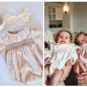 Made to Order - Smocked Baby Romper linen with ruffle collar - Yoke Style - Choose smocking design - custom handmade Page Boy, christening