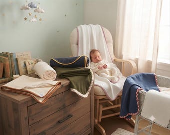 Jersey Stretch Baby Wrap – Gingham or Plain Linen Binding, Pram Blanket - Custom