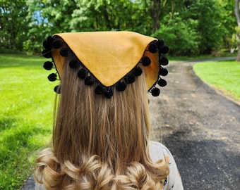 Triangle Scarves - made to order - girls headscarves - stock fabric colours or linen -custom headband scarf -piping or pompom trim-winter