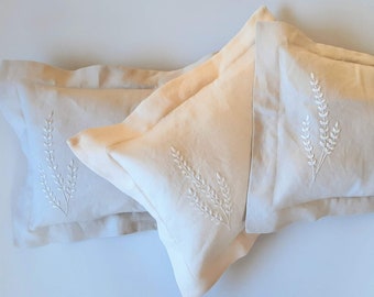 Hand Embroidered Linen Pillowcase w Flange or Piped Edge - Made To Order - custom cradle pram size pillowcase & cushion insert -add a wrap