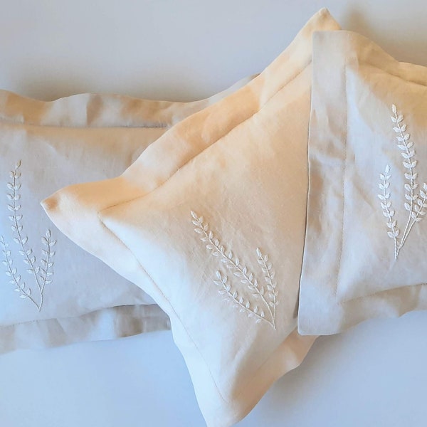 Hand Embroidered Linen Pillowcase w Flange or Piped Edge - Made To Order - custom cradle pram size pillowcase & cushion insert -add a wrap