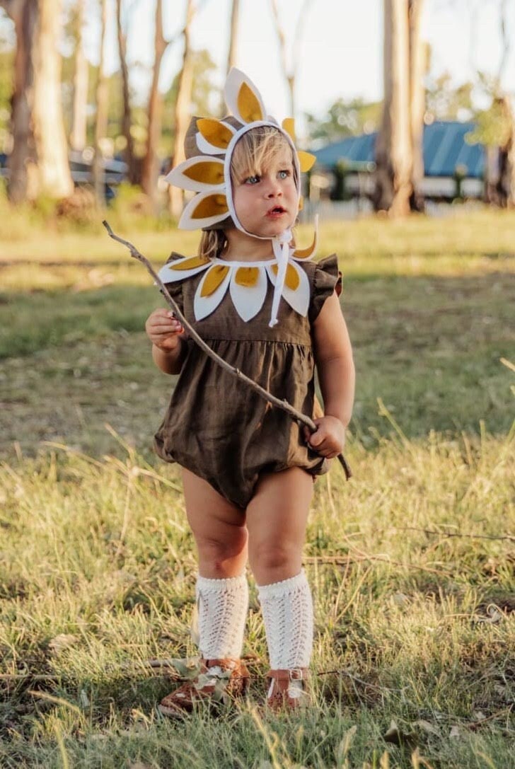 Linen/Felt Petal Pixie Bonnet, Collar, Romper or Dress Set - Vintage Style Baby Outfit (3m - 3y) Custom
