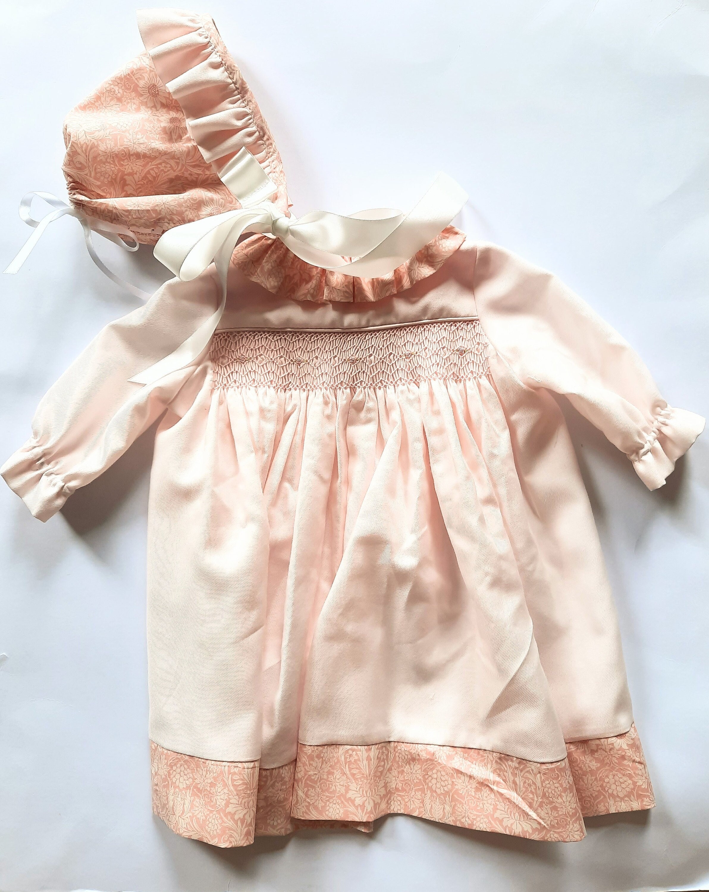 IN STOCK Soft Pink Twill Smocked Baby Dress with Liberty Trim and Bonnet Size 0-3m - Ready to ship