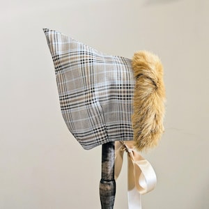 Fur & Tartan/Check Pixie Hat - any size newborn up to 36 months - made to order - Colours and Styles - winter bonnet - large pompom custom