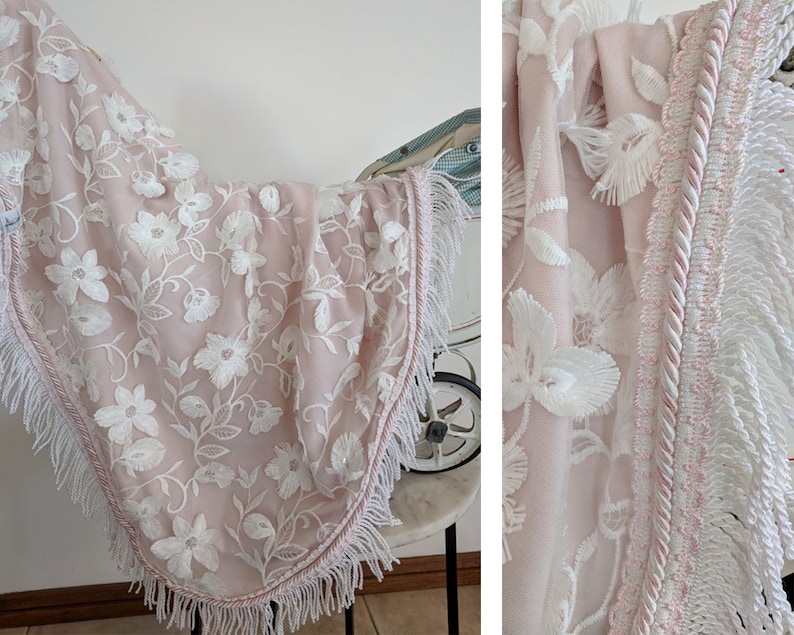 Made To Order Custom Baby Winter Shawl Blanket for pram bassinet Premium Merino Wool Wrap with Lace Overlay and Fringe Braid Trim