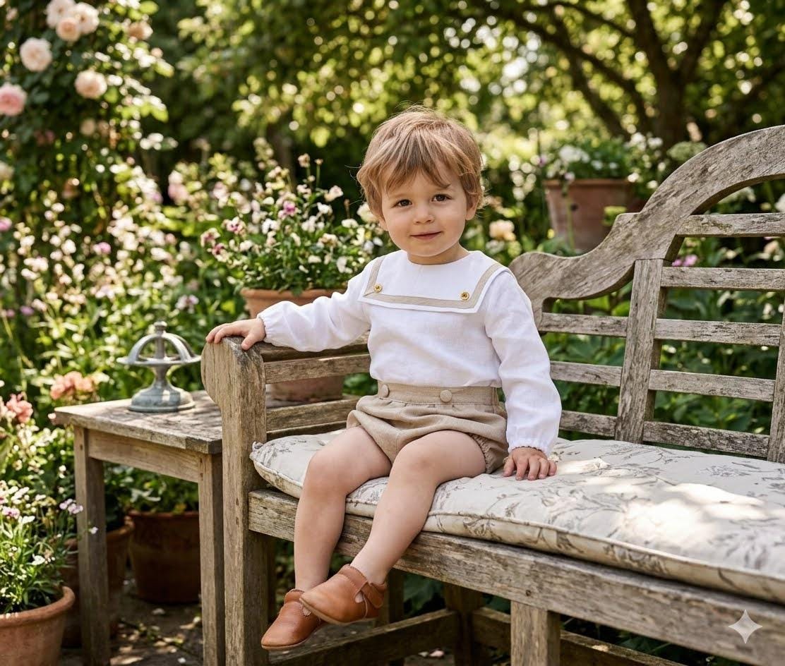 Sailor Collar Linen Toddler Boy Outfit - Handmade Shirt with bloomers