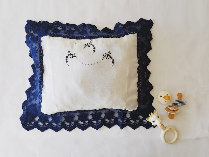 Pillow Insert included stock Silver Grey /& Navy Hand Embroidered Baby Pillowcase with Navy Lace Trim Embroidery Bassinet Pillow
