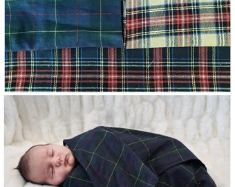 Tartan Check Pompom Baby Wrap - made to order - Baby Blanket/ Shawl to suit Pram or Cradle - Photo Prop Large Pompom custom