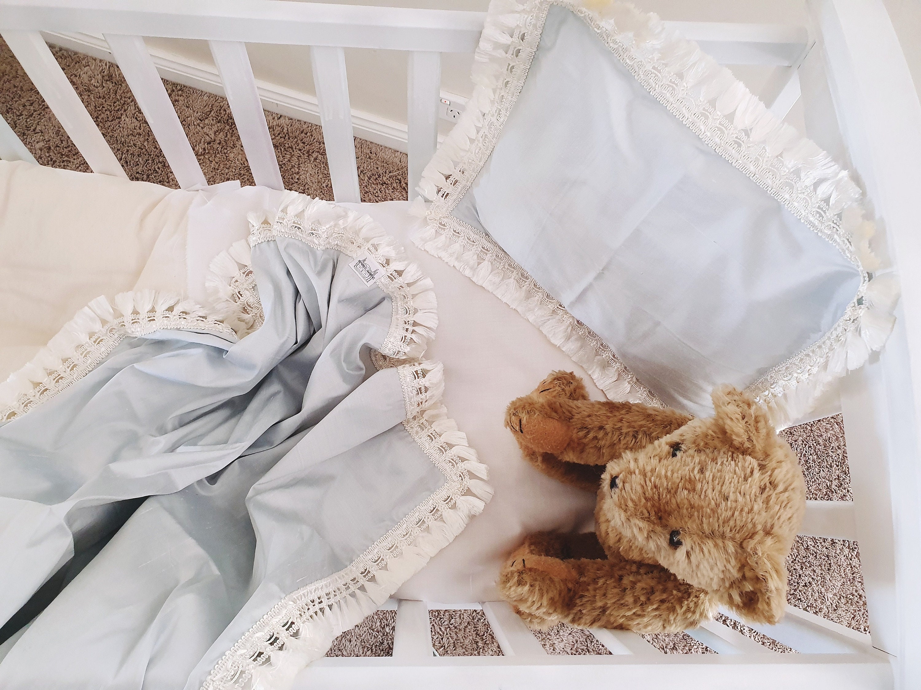 IN STOCK Blue Silk Baby Wrap Set w Liberty Lining and Cream Tassel