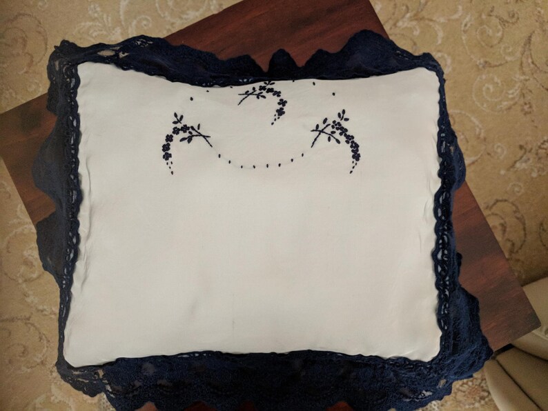 Pillow Insert included stock Silver Grey /& Navy Hand Embroidered Baby Pillowcase with Navy Lace Trim Embroidery Bassinet Pillow