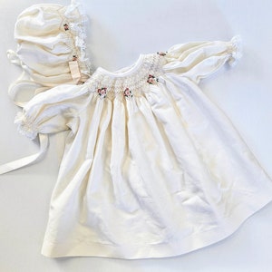 Made to Order - Baby Smocked Baby Dress or Romper - Bishop Style - Choose colour, smocking design with optional bloomers and bonnet - custom