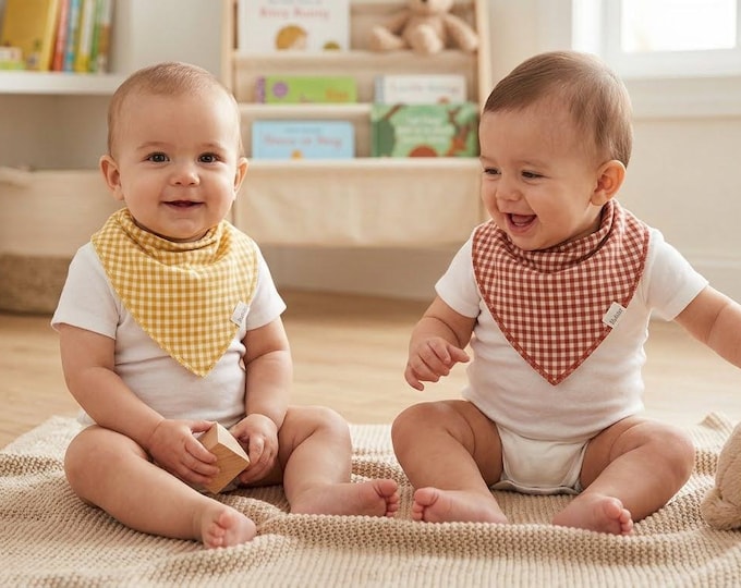 IN STOCK Gingham Linen Baby Bib, Absorbent Dribble Backing, Handmade Bandana Style