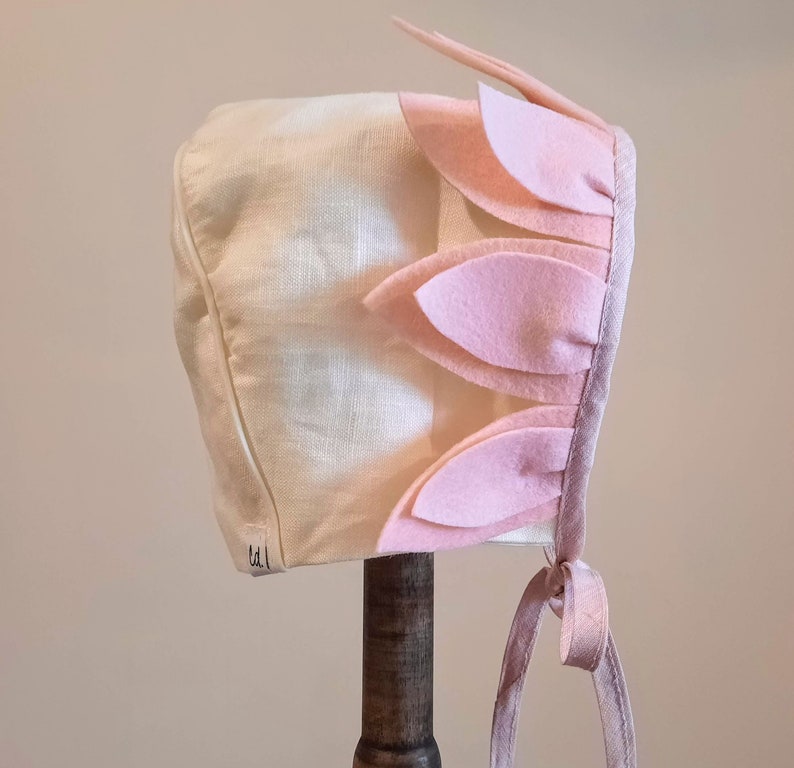 Felt Petal Linen Roberta Bonnet horseshoe bonnet flowers Felt petals, pink, cream, white, green Girls, baby image 3