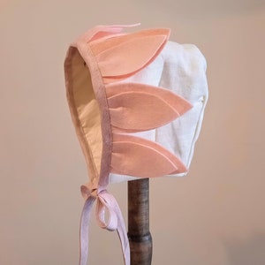 Felt Petal Linen Roberta Bonnet horseshoe bonnet flowers Felt petals, pink, cream, white, green Girls, baby image 5