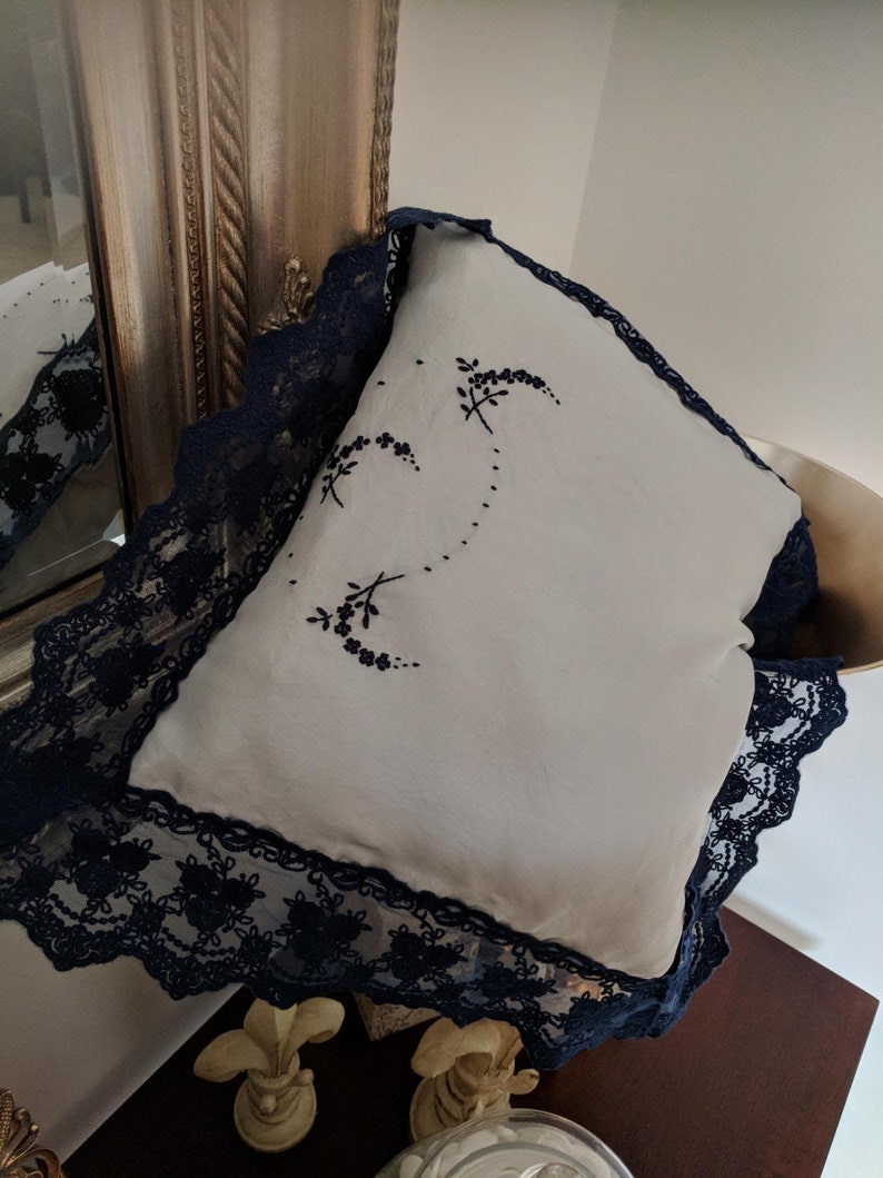 Pillow Insert included stock Silver Grey /& Navy Hand Embroidered Baby Pillowcase with Navy Lace Trim Embroidery Bassinet Pillow