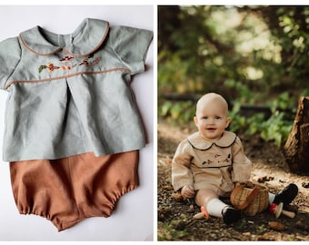 Embroidered Linen Baby Shirt with Collar – Handmade Smock