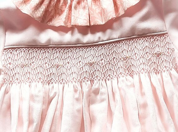 in Stock Soft Pink Twill Smocked Baby Dress with Liberty Trim and Bonnet Size 0-3M - Ready to Ship