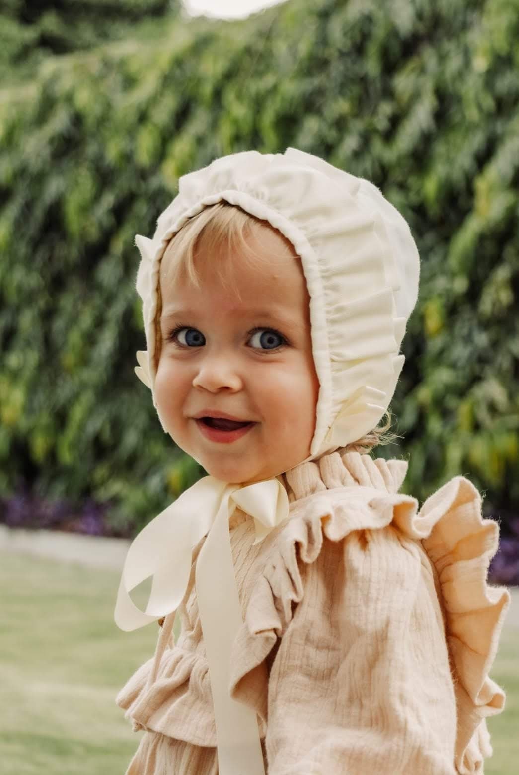 Linen Double Ruffle Baby Bonnet With Ribbon Ties - Any Size Linen Double Ruffle Baby Bonnet With Ribbon Ties - Any Size