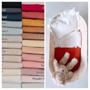 Linen or Muslin Cradle/Pram Sheet Set with Cotton Fringe Trim & optional blanket- made to order -custom baby sheet and pillowcase