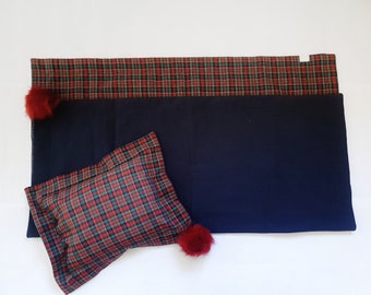 Reversible Tartan & Corduroy Pram Blanket and Pillowcase - optional pompoms - wrap and pillowcase with insert incl, wrap set