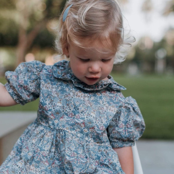 Made to Order - Liberty Baby young Girl Dress with ruffle collar- Yoke style - Choose Liberty, w optional bloomers -  short long sleeve