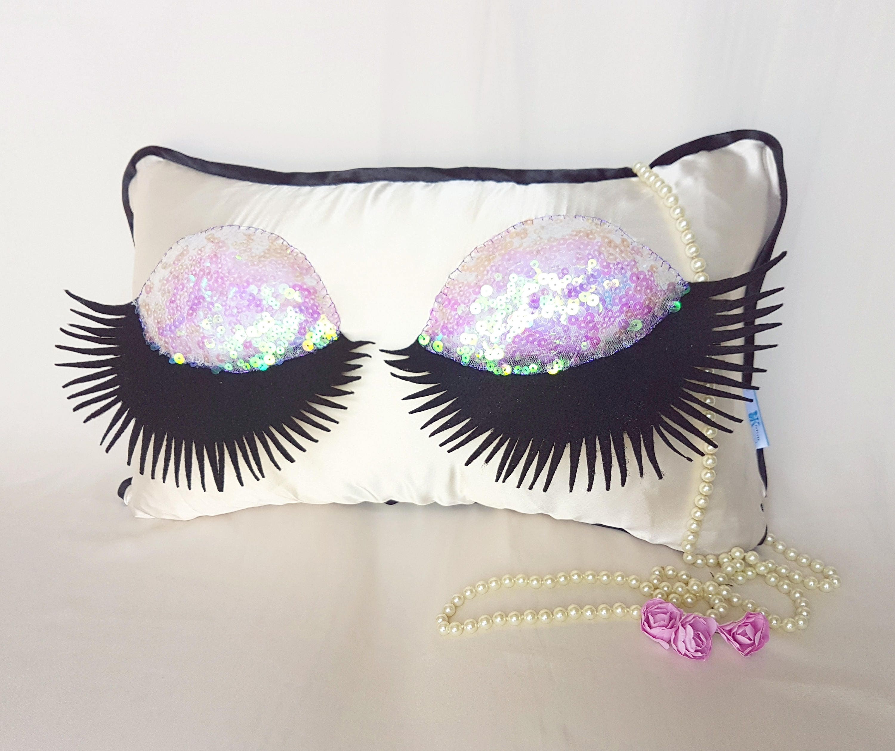 Eyelashes sequin pillow cover. Make up studio decor. Lashes Etsy