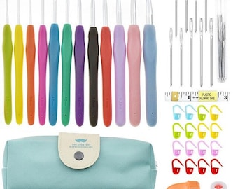 1set Aluminum Crochet Hooks Set Ergonomically Shaped Grip Very Comfortable Soft Handles Knitting Needles DIY Sewing Craft