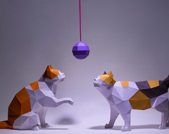 Cat Sit and Stand Paper Craft, Digital Template, Origami, PDF Download DIY, Low Poly, Trophy, Sculpture, Cat Sit and Stand Models