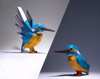 Artesanía de papel King Fisher Bird, Plantilla digital, Origami, Descarga PDF DIY, Low Poly, Escultura, Modelo de pájaro King Fisher