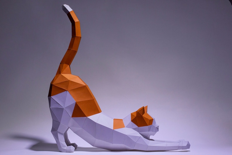 Cat Stretching Paper Craft, Digital Template, Origami, PDF Download DIY, Low Poly, Trophy, Sculpture, Cat Stretching Model image 2